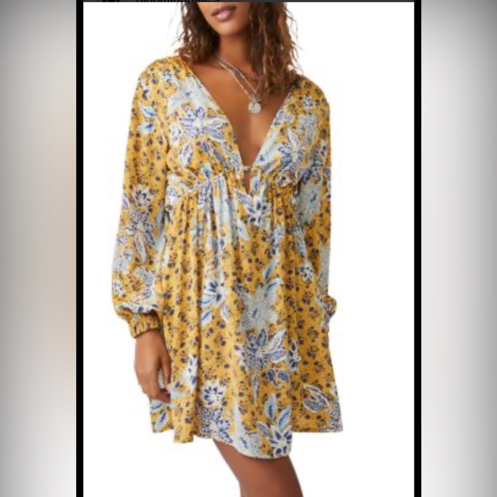 Silky Free People Yellow and Blue Floral Boho Dress